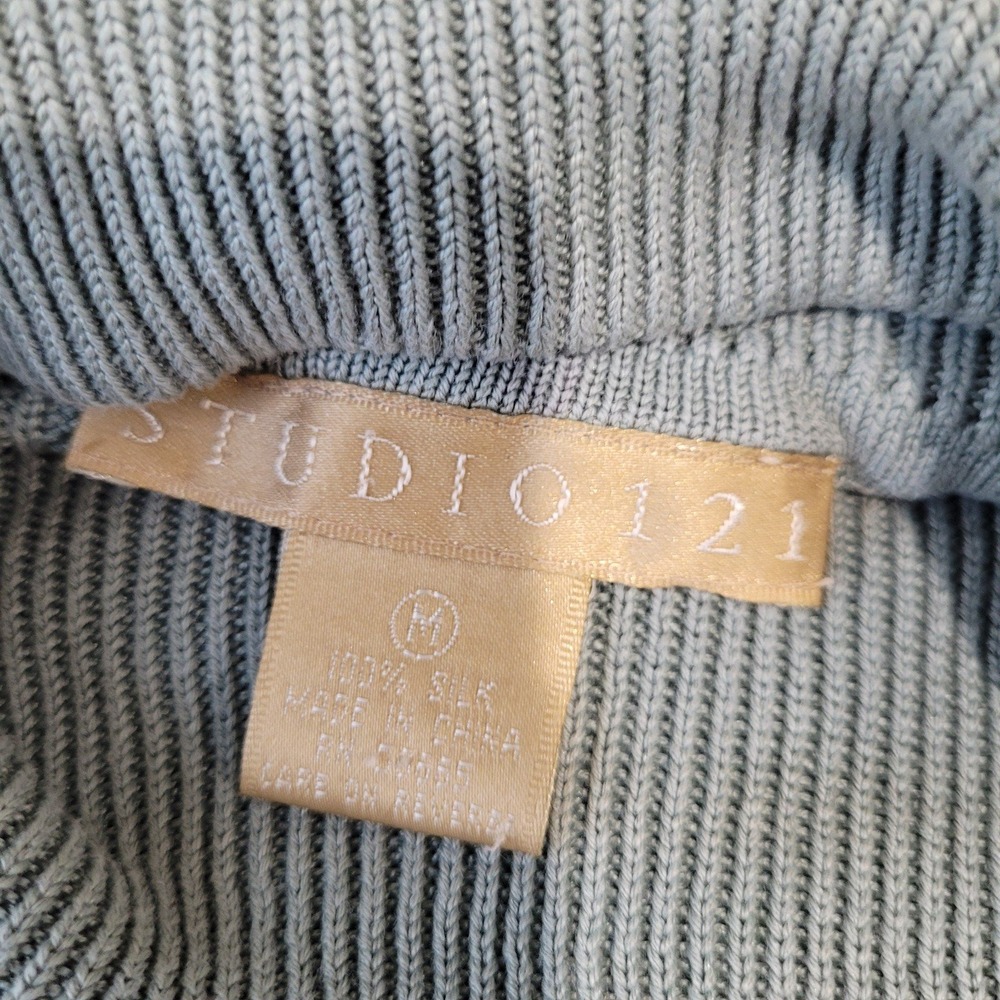 STUDIO 121 silk Women's cable knit Sweater SZ L Mock neck long sleeve Sage top - Picture 3 of 8